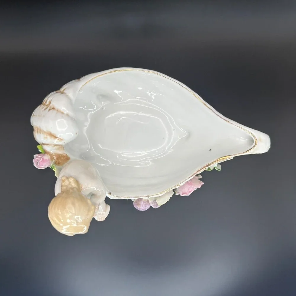 Vintage Cherub Angel Shell Porcelain Trinket Pink Flower Dish‎ Shabby Chic